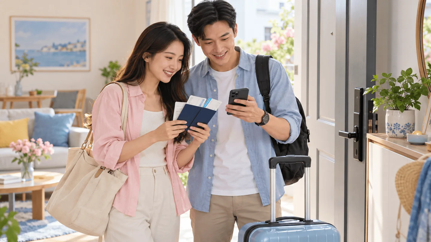 Hai người kiểm tra điện thoại và giấy tờ bên hành lý