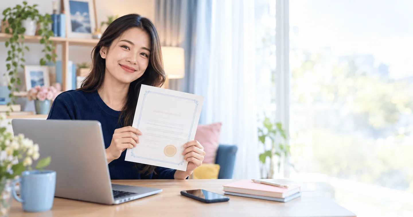 Người phụ nữ cầm tài liệu bên máy tính