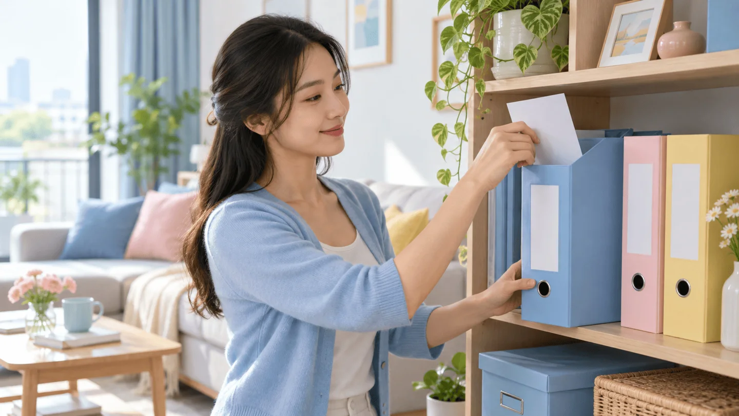 Người phụ nữ trẻ lưu giấy chứng nhận bảo hiểm vào một folder hồ sơ gọn gàng tại nhà