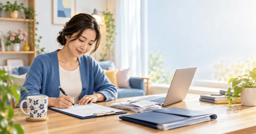 Người phụ nữ sắp xếp hồ sơ bên máy tính