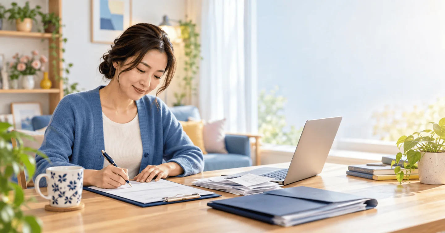 Người phụ nữ sắp xếp hồ sơ bên máy tính