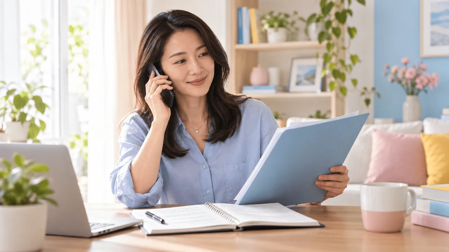 Người phụ nữ bình tĩnh gọi điện trao đổi với tổng đài hỗ trợ về hồ sơ bồi thường