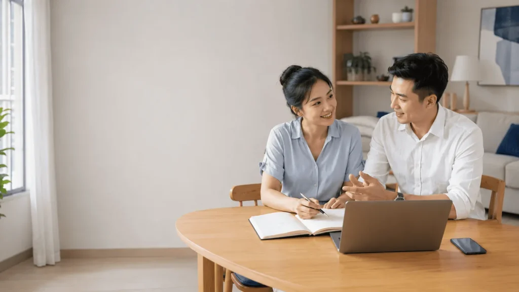 Cặp đôi cùng xem thông tin trên laptop tại nhà