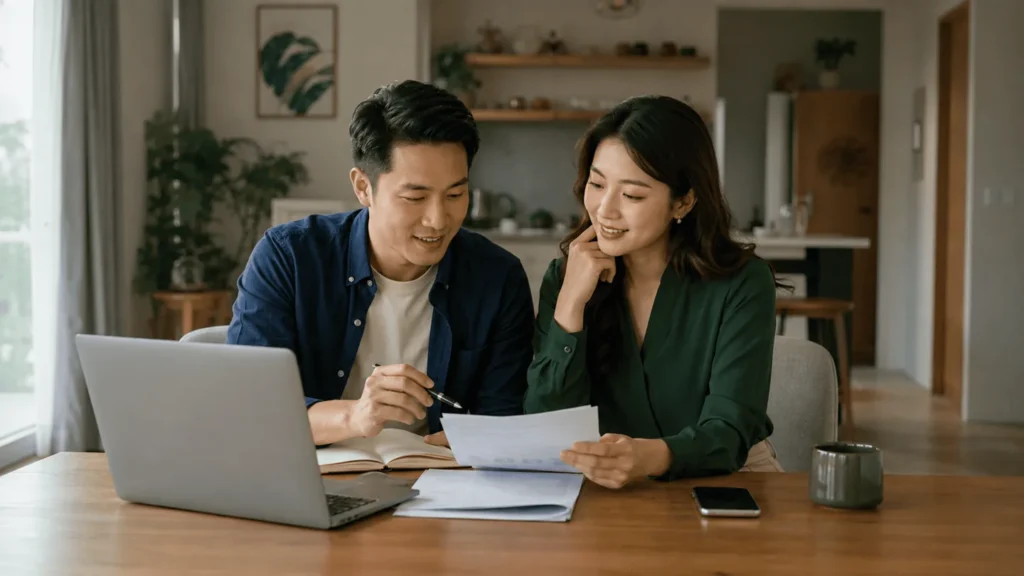 Cặp đôi cùng đọc và trao đổi về giấy tờ