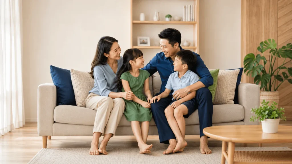 Gia đình quây quần bên nhau trong phòng khách