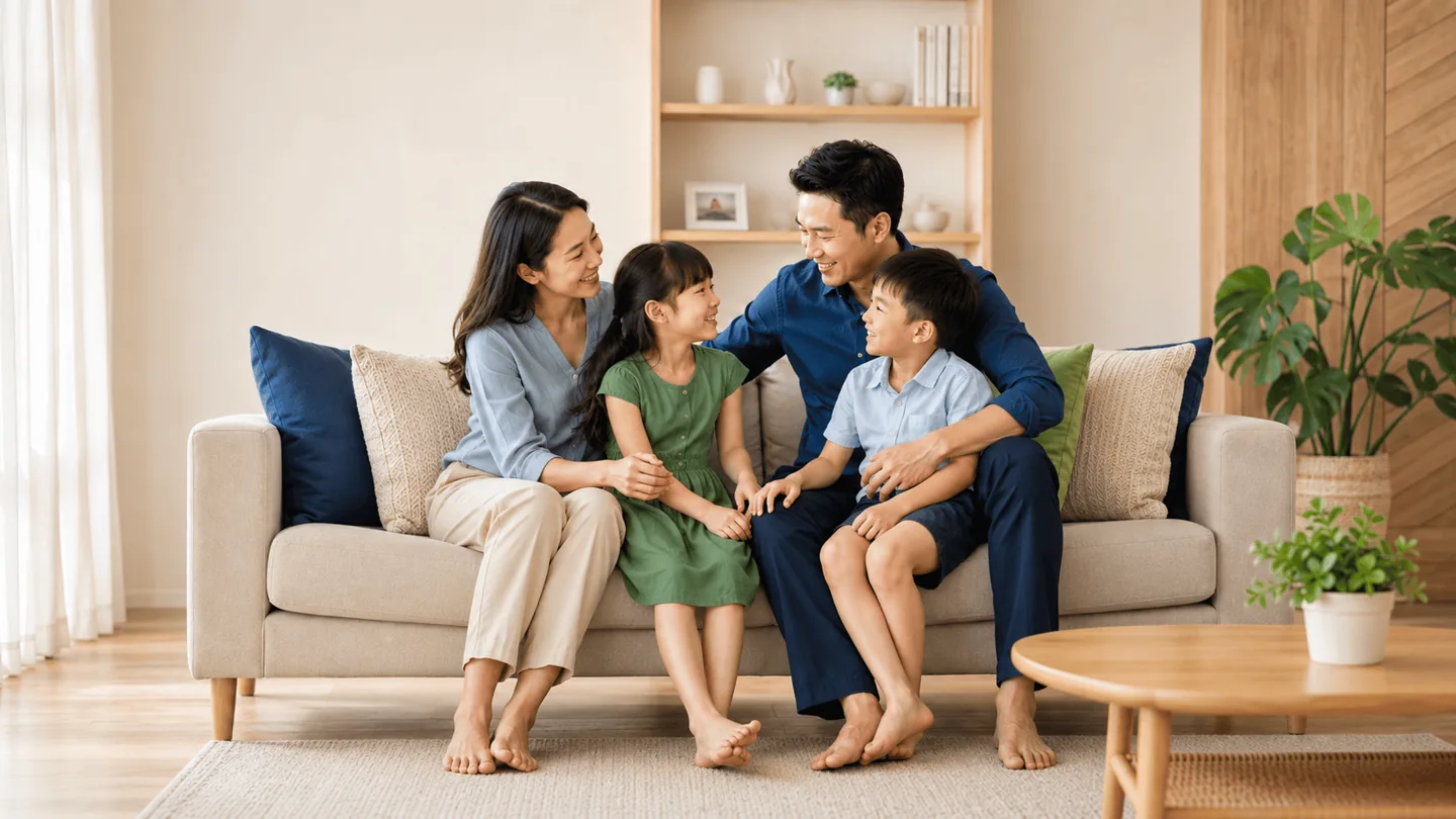 Gia đình quây quần bên nhau trong phòng khách