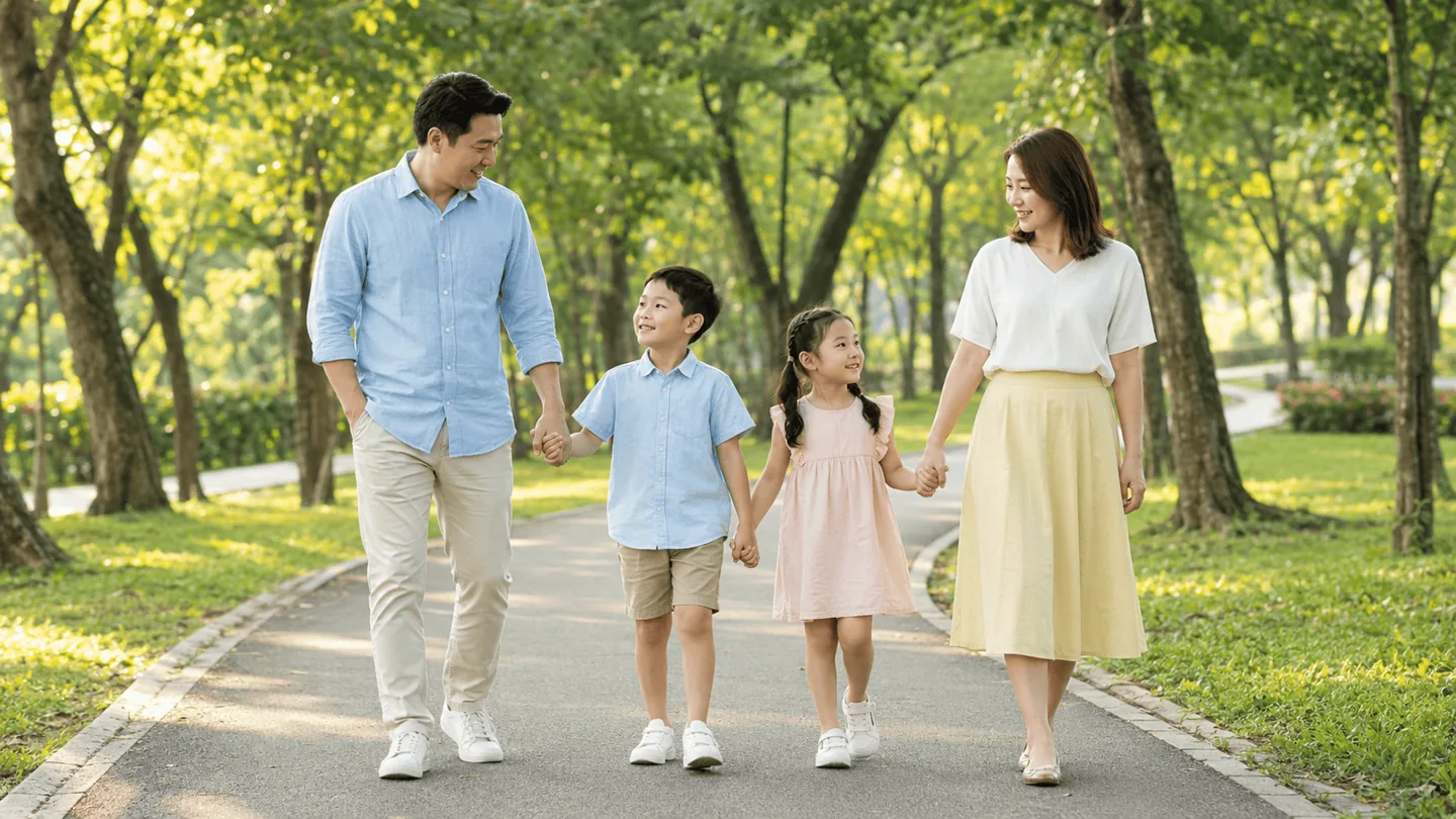 Bố mẹ và hai con đi dạo trong công viên