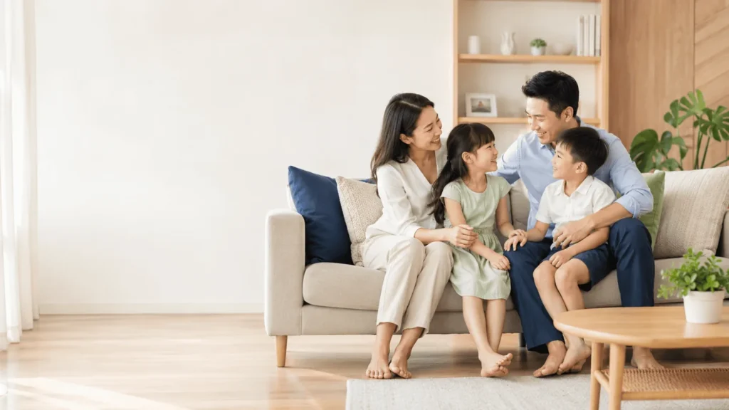 Gia đình cùng trò chuyện trong không gian sống sáng sủa