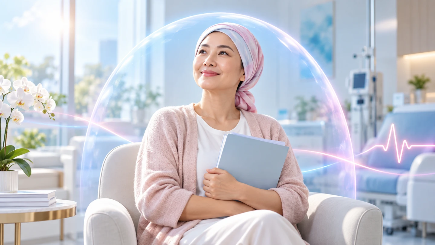 Người phụ nữ đội khăn, cầm hồ sơ trong không gian chăm sóc y tế