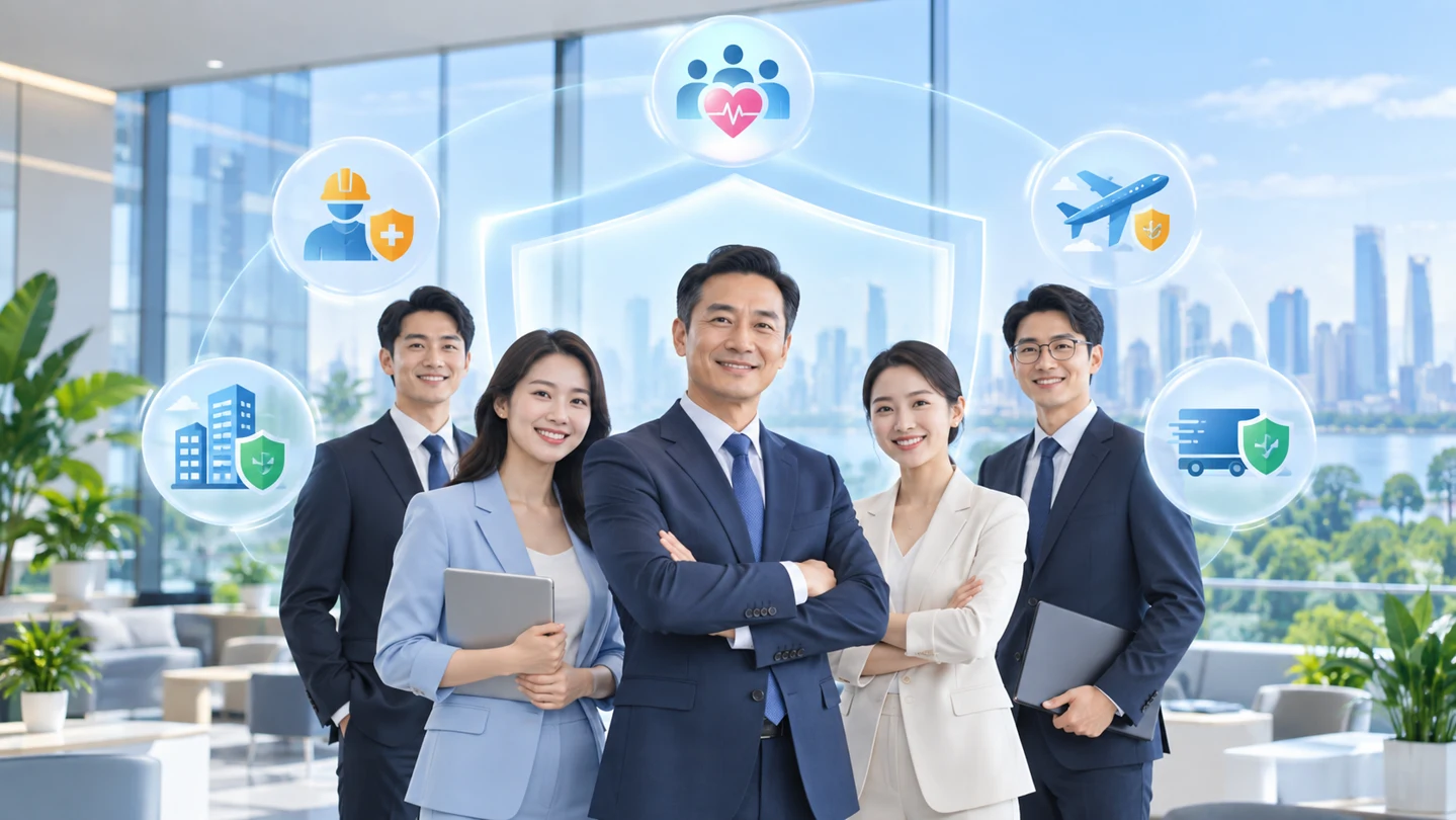 Nhóm doanh nhân cùng các biểu tượng bảo vệ nhân sự, tài sản và vận chuyển