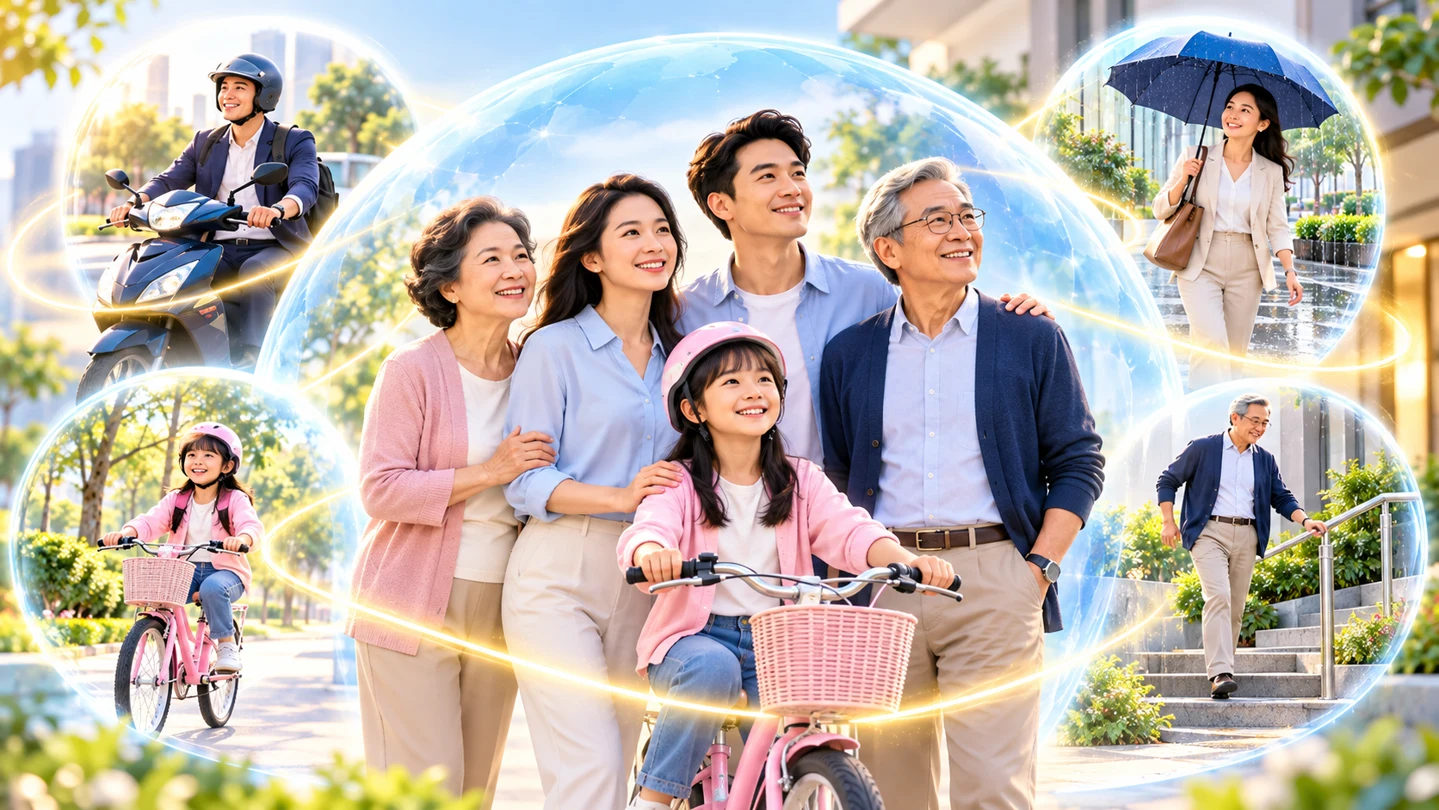 Gia đình nhiều thế hệ cùng các tình huống đi xe, đi bộ và sinh hoạt