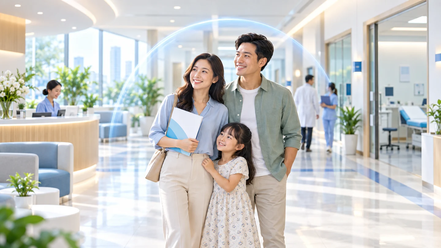 Gia đình tại khu tiếp đón cơ sở y tế với biểu tượng bảo vệ