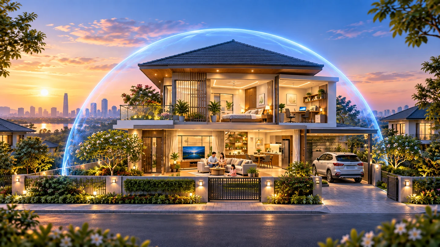 Ngôi nhà và gia đình dưới vòm bảo vệ xanh lúc hoàng hôn