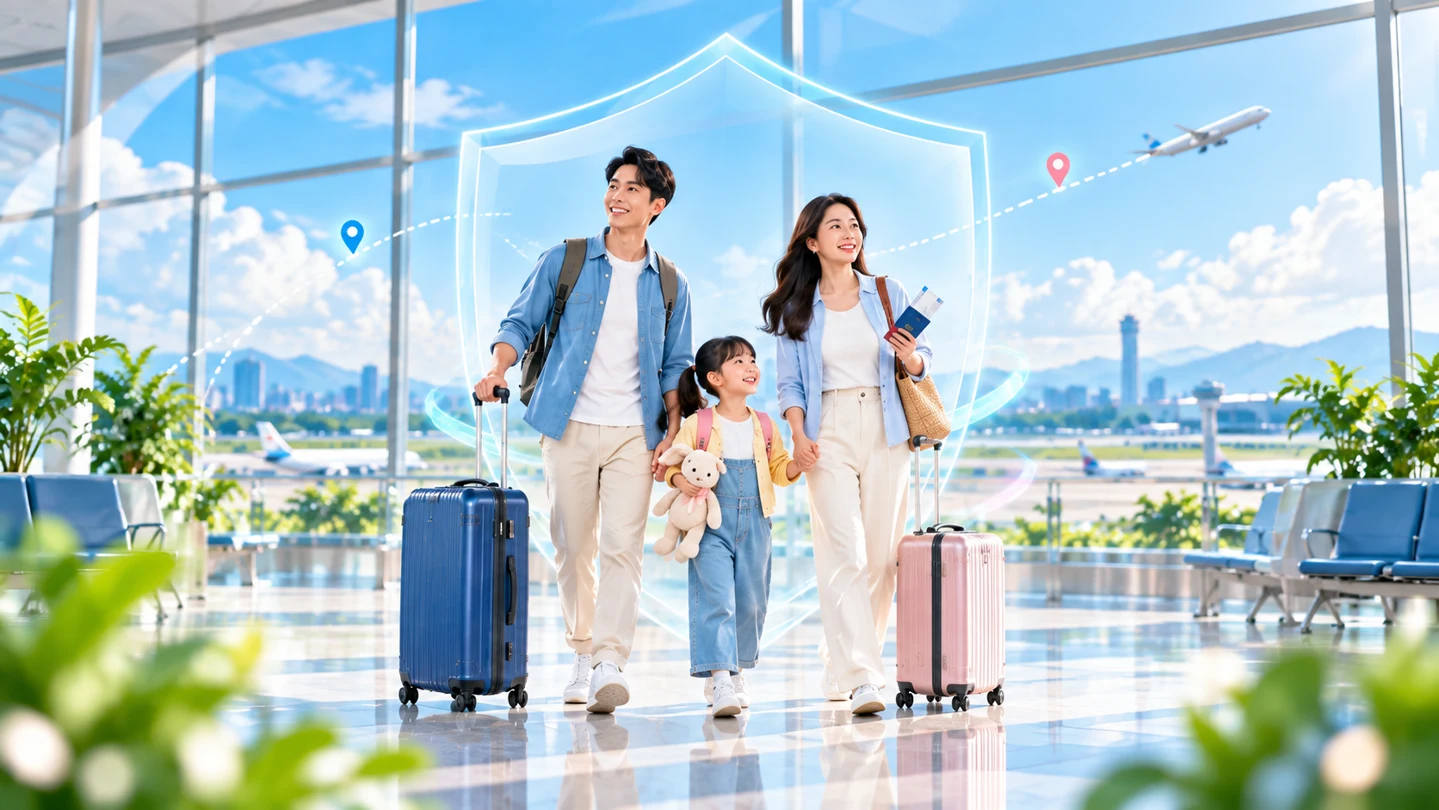 Gia đình mang hành lý tại sân bay với biểu tượng lá chắn