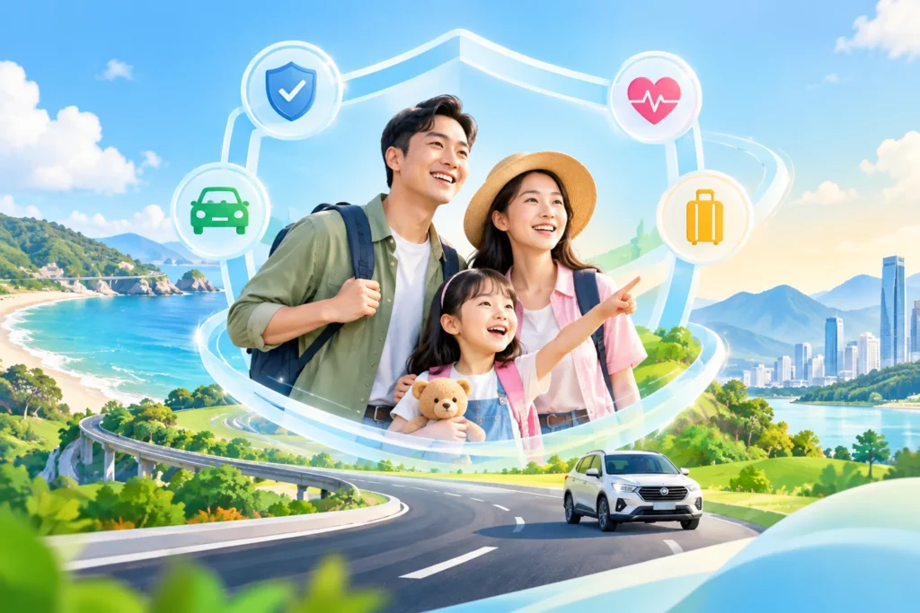 Gia đình chuẩn bị hành trình bên bờ biển, với biểu tượng bảo vệ sức khỏe và phương tiện