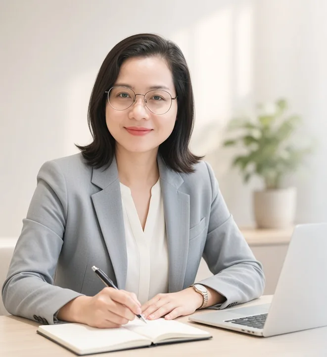 Thùy Lê mặc áo xám, ngồi tại bàn làm việc