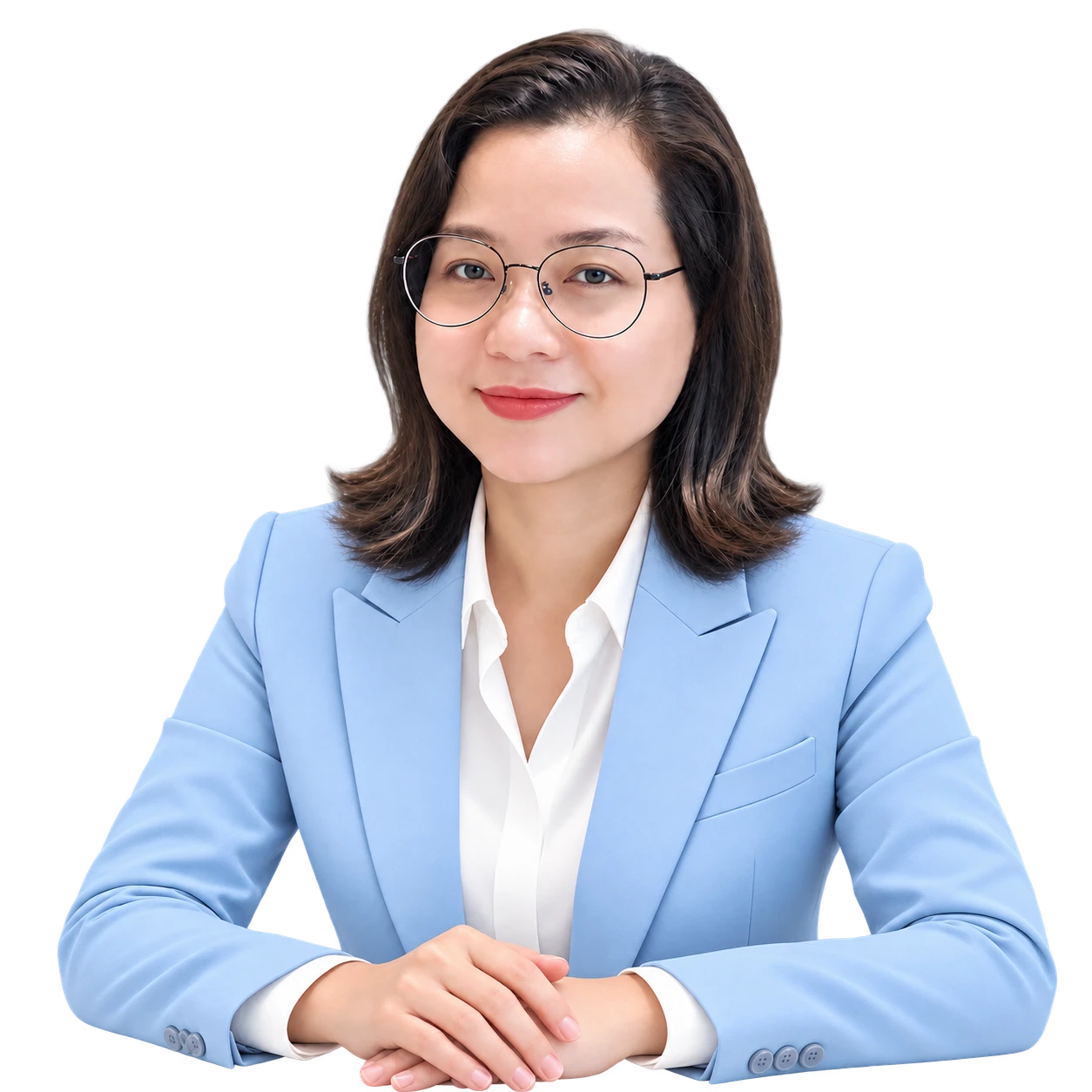 Thùy Lê mặc áo xanh, hai tay đặt phía trước